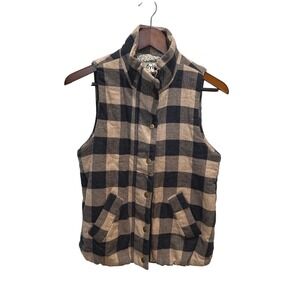 Dylan Plaid Sherpa Lined Vest Women's Tan Black Snap Front Collar